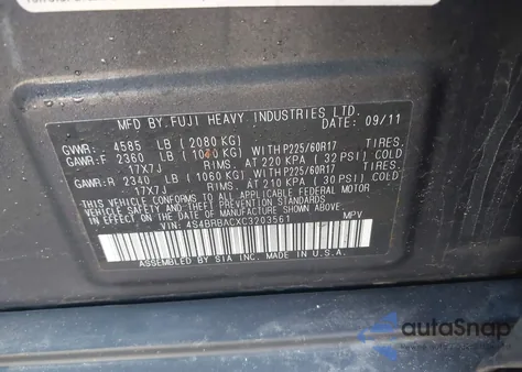 2012 Subaru Outback 2.5I z USA, uszkodzony, nr VIN 4S4BRBACXC3203561